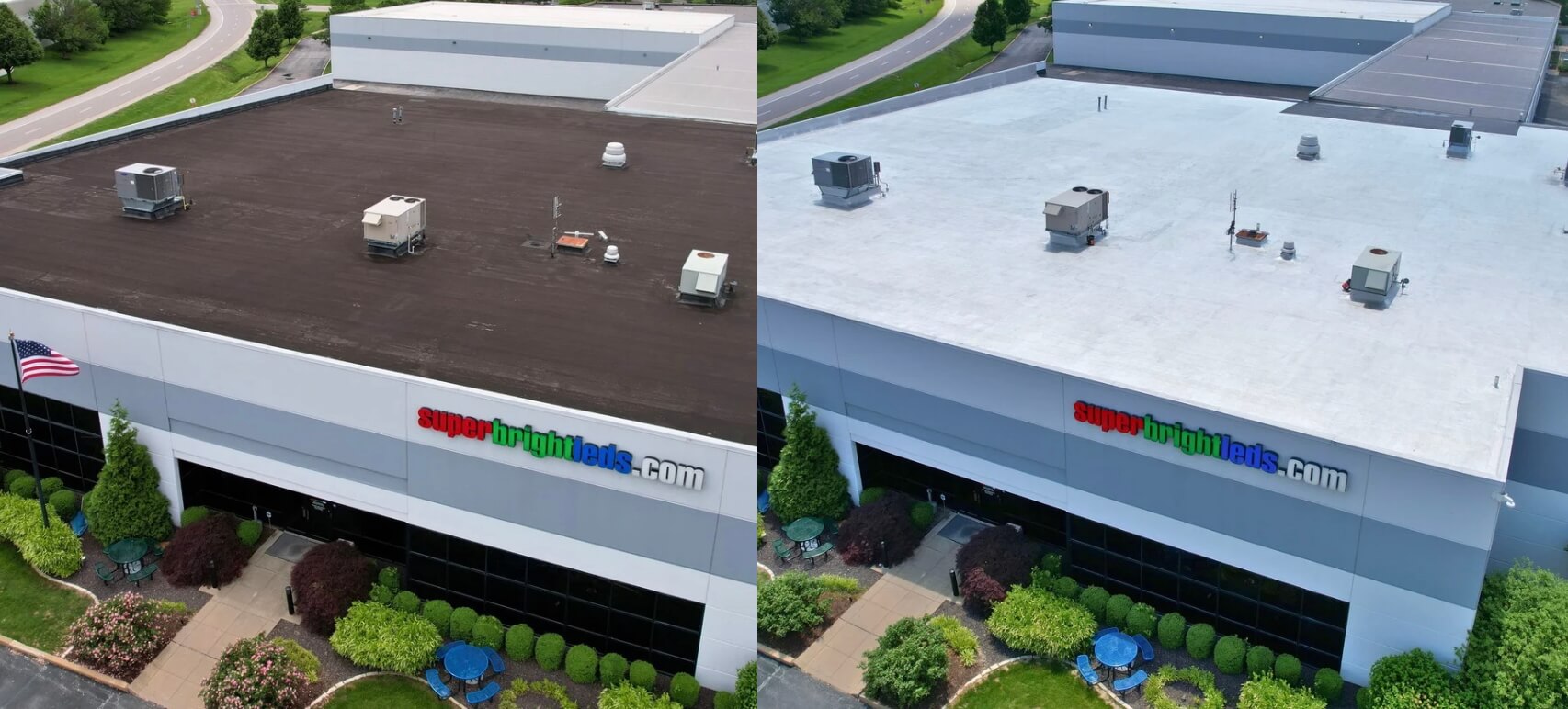 The before and after of roof coating on a commercial roof