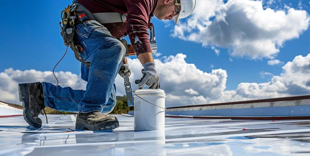 Crew applying roof coating to commercial roof
