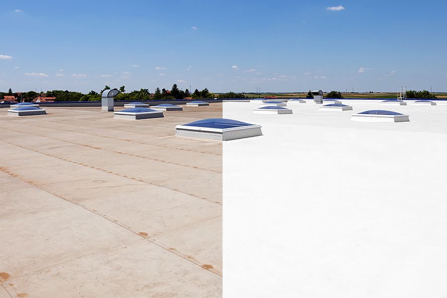 A before and after of a commercial roof restoration