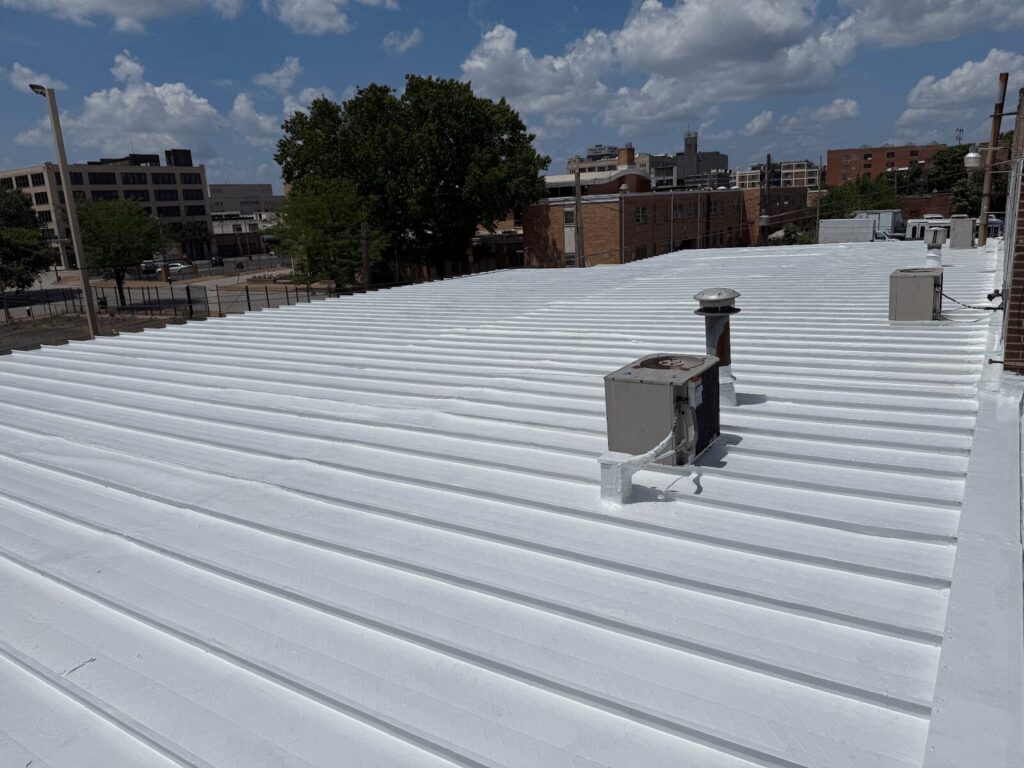 A commercial metal roof in a city