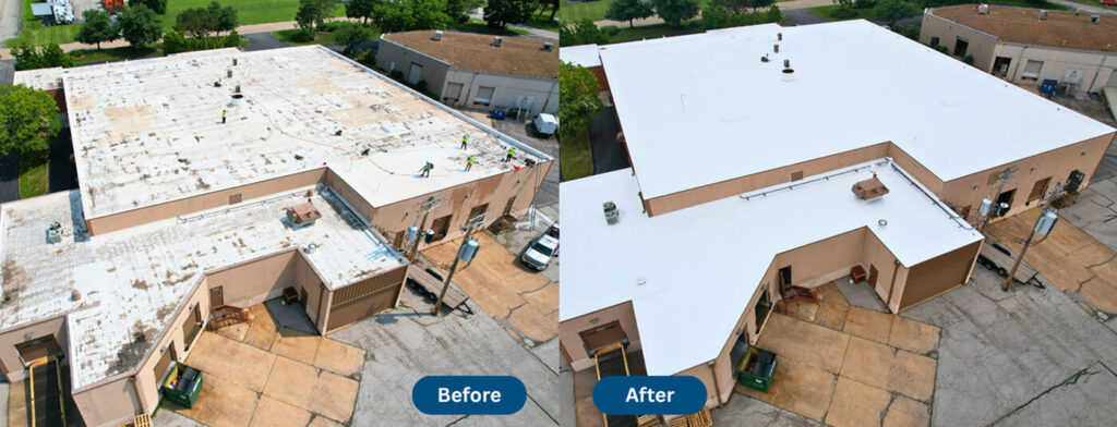Aerial view of a commercial flat roof before and after TPO flat roof restoration.