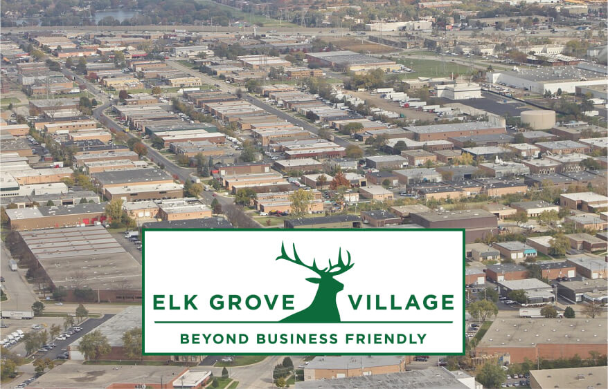 Aerial view of Elk Grove Village highlighting flat roofs, TPO, and commercial roof repair.