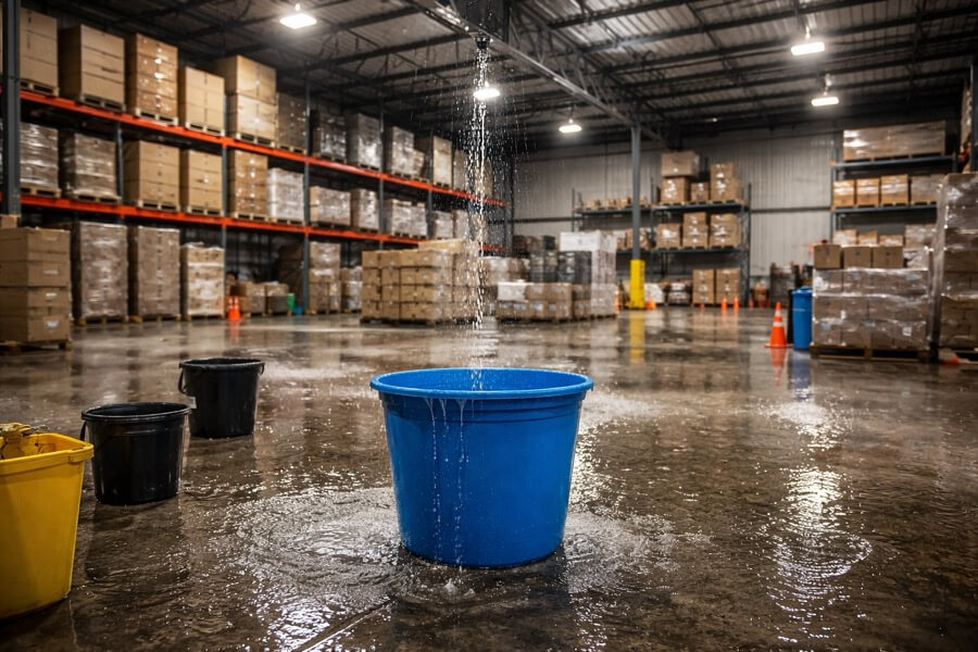 Interior water damage caused by commercial roof leak in industrial building