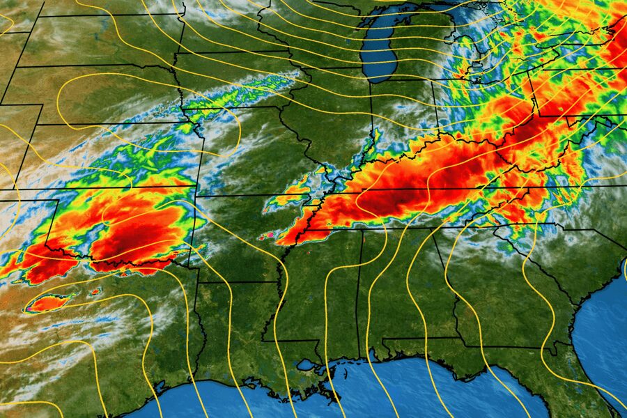 st-louis-chicago-storm-radar-commercial-roof-repair-99 Weather radar map showing storms over St. Louis and Chicago during commercial roof emergency