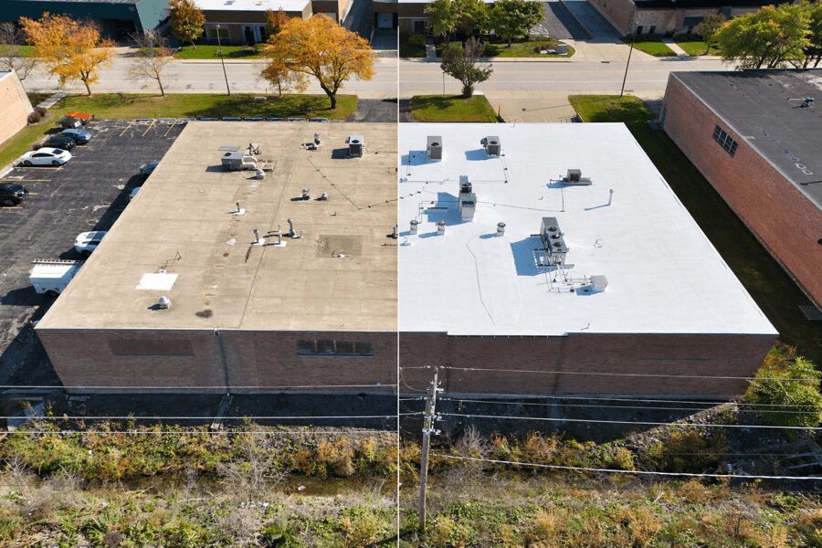 commercial-roof-restoration-vs-replacement-comparison-99 before and after comparison of commercial flat roof restoration showing restored white roof coating versus aging roof surface