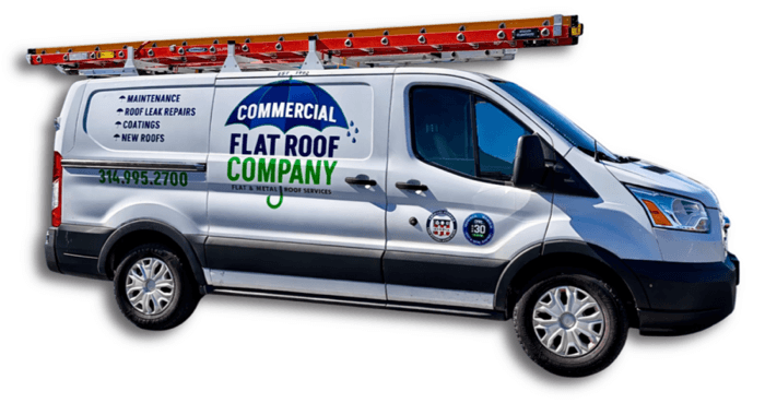commercial-roofing-contractor-service-van-3 Commercial roofing contractor service vehicle on-site for flat roof repair