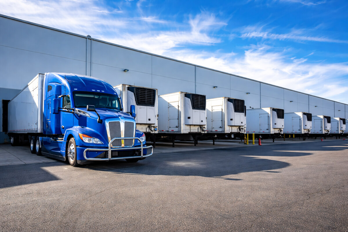 distribution-center-loading-dock-truck-logistics-facility-99 Semi truck at loading dock of logistics distribution center warehouse facility