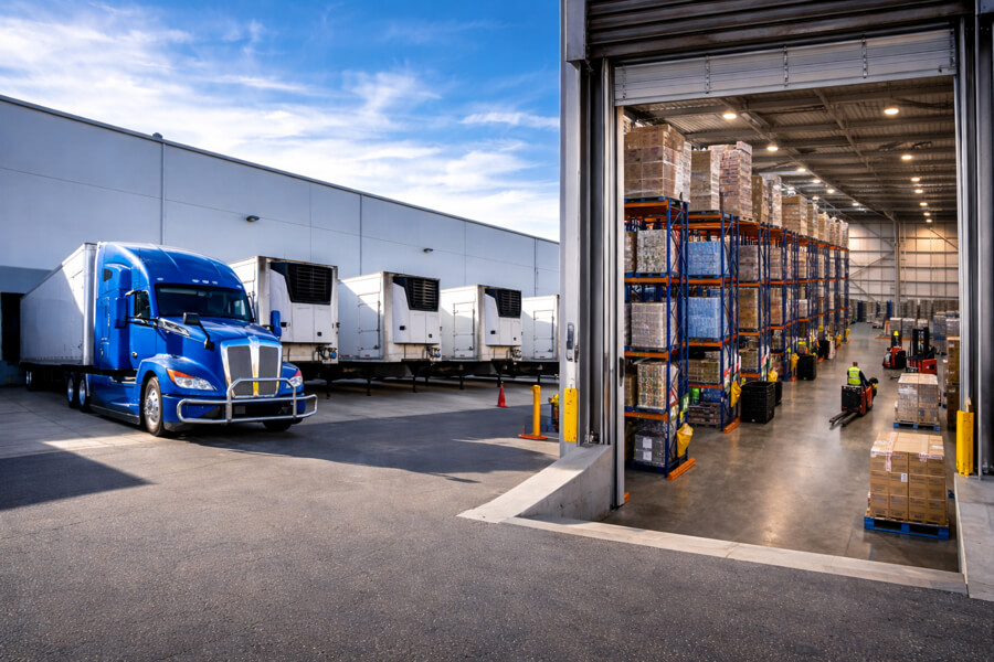 Logistics warehouse loading dock and interior storage with commercial roofing system on distribution facility