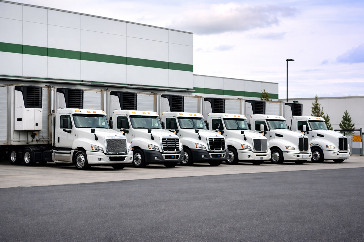 logistics-warehouse-roofing-systems-loading-dock-trucks-99 Logistics warehouse loading dock trucks at facility with commercial roofing systems