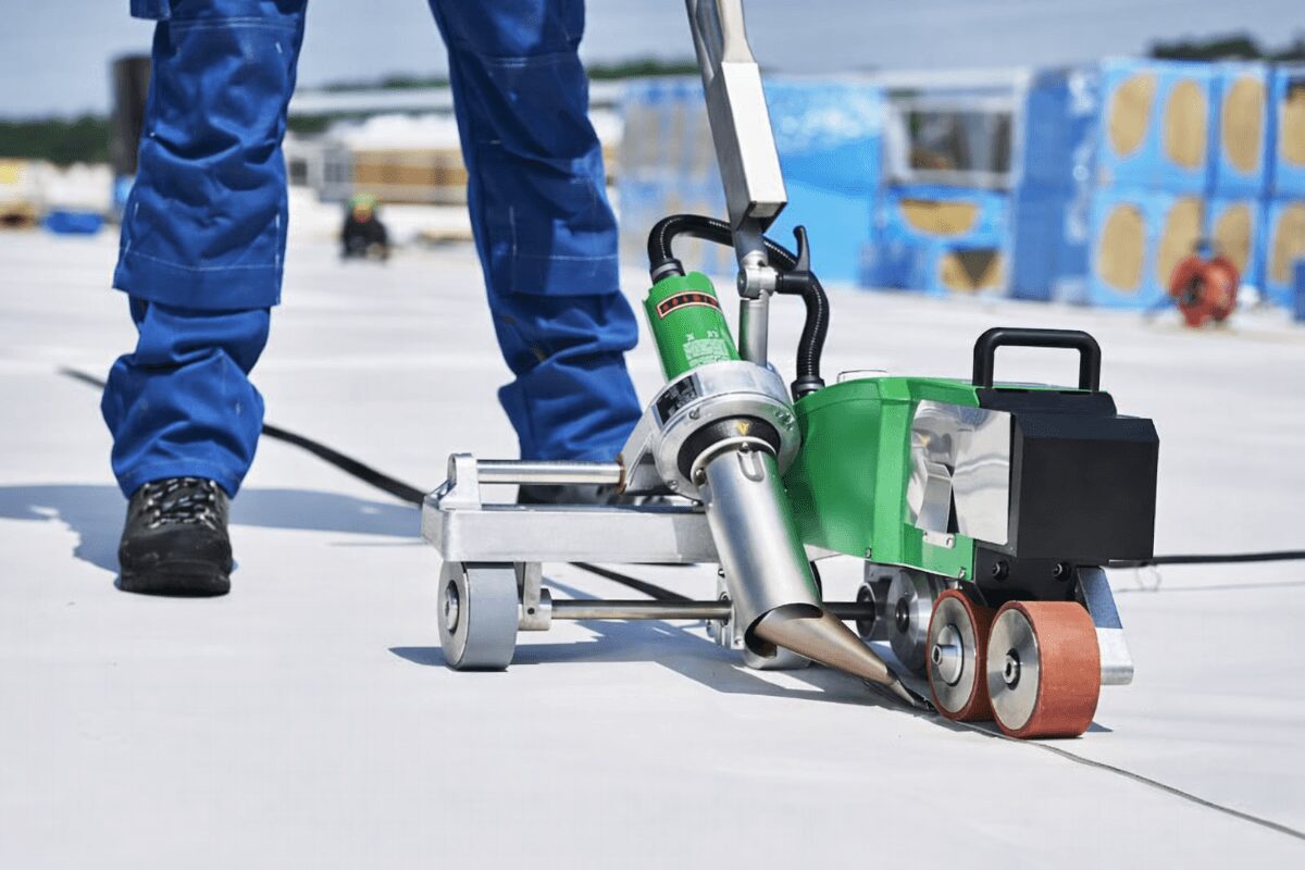 pvc-roof-heat-welded-seam-installation-98 Heat welding machine sealing seams on PVC roofing membrane for watertight installation