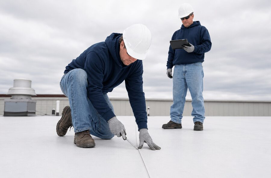 commercial-roof-membrane-seam-inspection-98-2 Close-up of a commercial roof membrane seam being inspected for damage and potential leaks