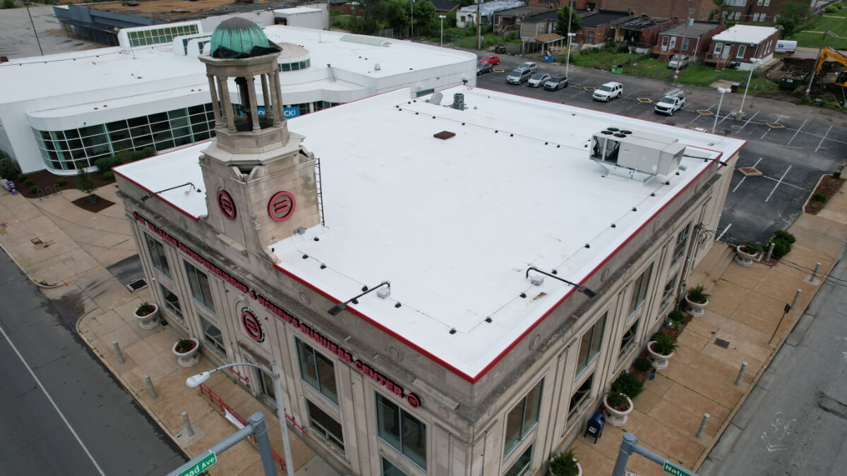 commercial-tpo-roof-replacement-urban-league-st-louis-completed-01 Completed Versico 60-mil TPO roof replacement at Urban League of Metropolitan St. Louis