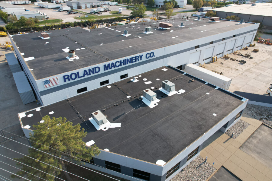 roland-machinery-epdm-roof-repair-bridgeton-mo-02 Completed EPDM roof leak repair project at Roland Machinery's industrial facility in Bridgeton, Missouri