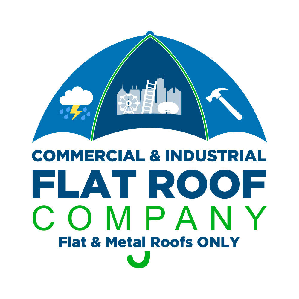logo-chicago-square Logo with umbrella, building, weather icons, and text: Flat & Metal Roofs ONLY for commercial flat roofs, TPO roof repair, and flat roof restoration.